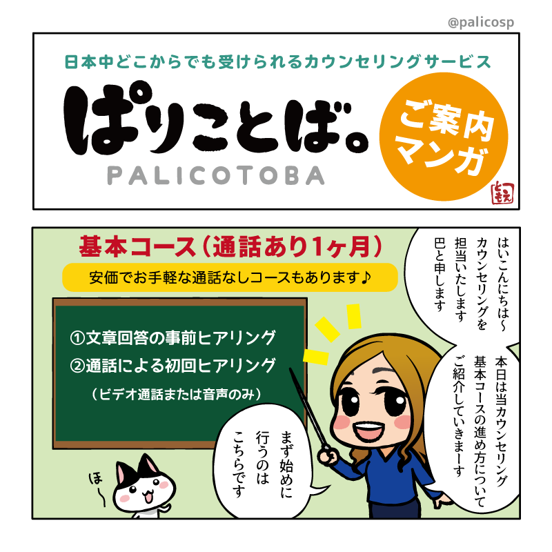 カウンセリングサービス「ぱりことば。」ご案内マンガ1ページ目