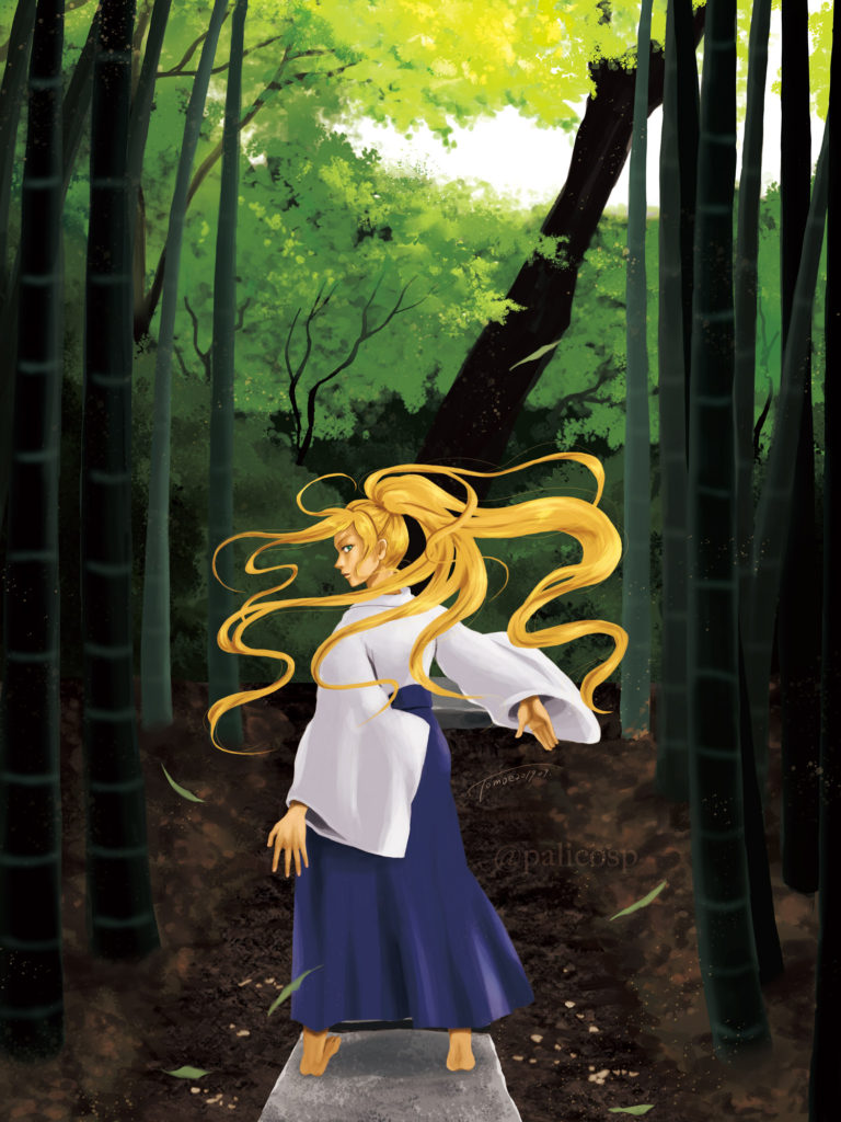 金髪袴女性と竹林のイラスト|CMYK版